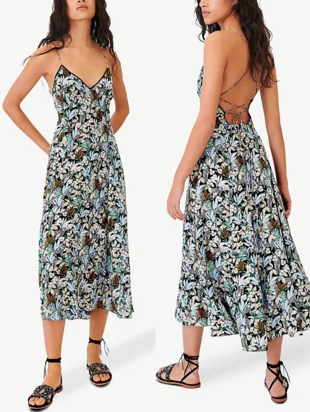 MAJE Black Satin Rimony Floral Print Midi Dress